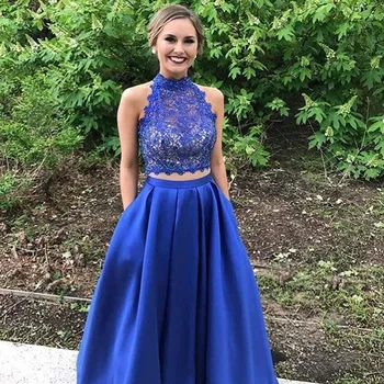 

Royal Blue 2 Two Pieces Pleated Lace Women Summer Dress Girl Prom Party Graduation Homecoming Formal Maxi Gowns Vestidos Noiva