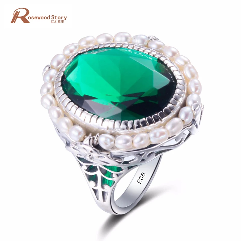 

Fashion 100% Natural Freshwater Pearl Rings Solid 925 Wide Silver Vintage Oval Cut Green Crystal Ring For Women Best Gift