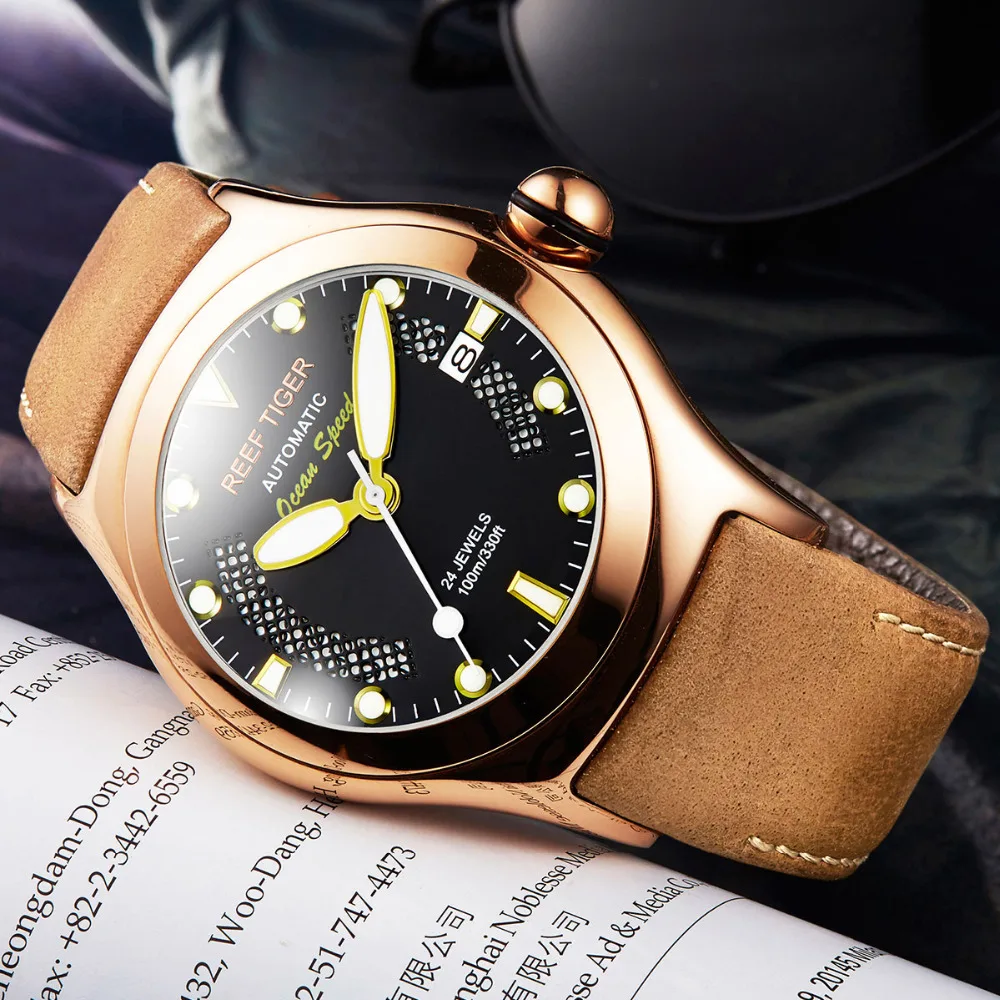 Спортивные часы Reef Tiger/RT из розового золота, мужские часы с черным циферблатом скелета, светящиеся самообмоточные часы RGA704