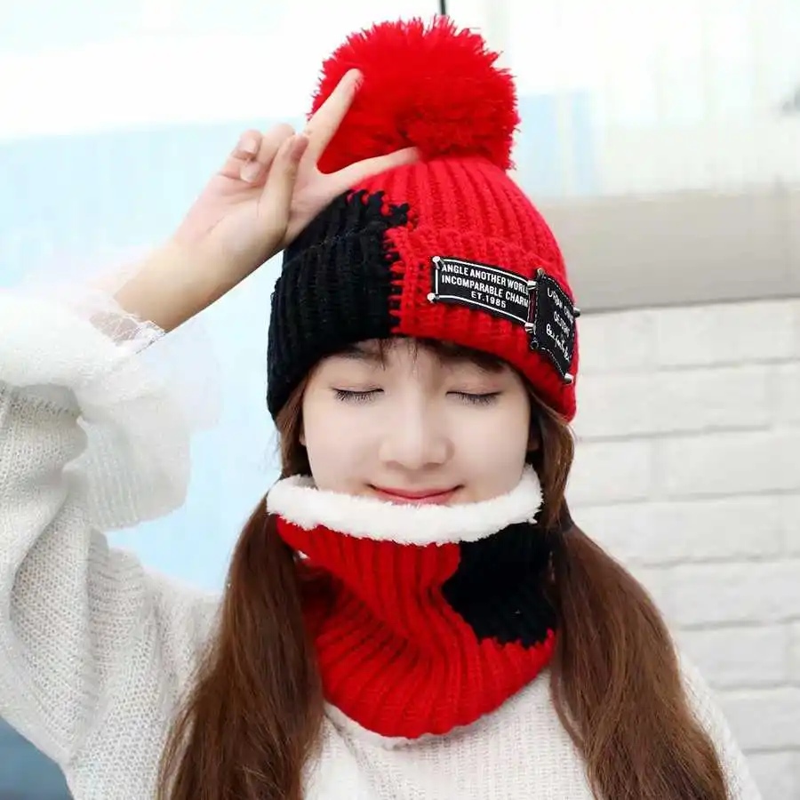 Зимняя теплая шерстяная шапка с помпонами и шарф, набор для женщин, пэтчворк, толстые вязаные ветрозащитные шляпы, шарф, набор для женщин, Шапка-бини Skullies - Цвет: Red