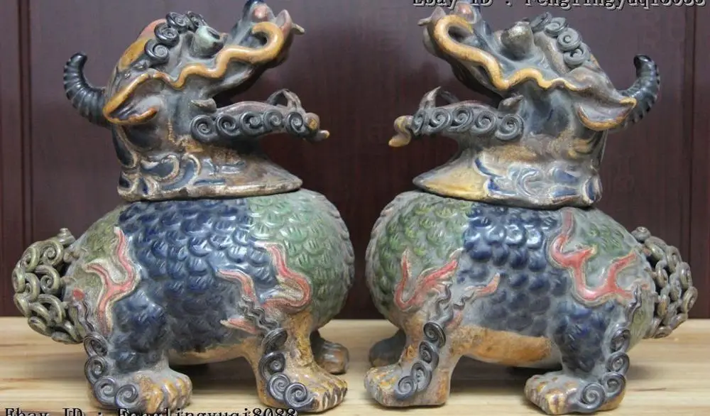 

Chinese Pottery Wucai Porcelain Foo Dog Lion Kylin Unicorn Incense Burner Censer