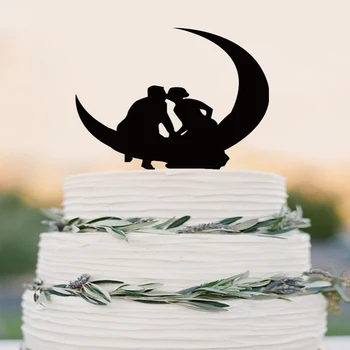 

Wedding Cake Topper - Kissing on the Moon Wedding-Acrylic Cake Topper Silhouette Couple Groom & Bride