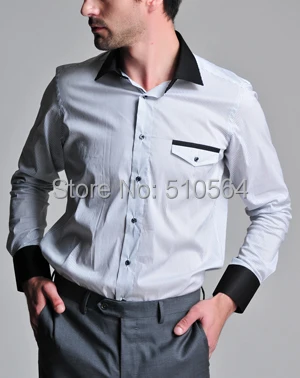 

Custom made men Cotton shirt Business casual men slim fit shirt black pinstripe black collar