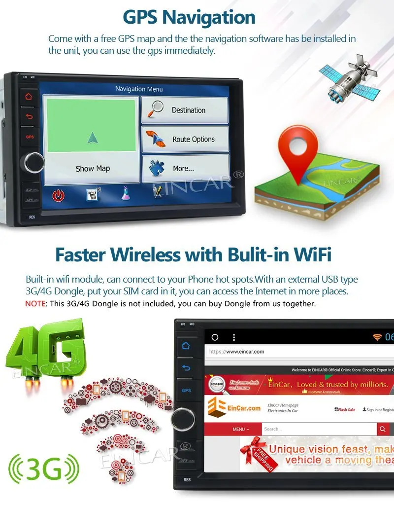 Excellent EinCar Android 7.1 Octa Core Touch Screen Car Stereo 2Din Radio GPS radio Support WiFi/USB/SD/Bluetooth Backup Camera Included 3