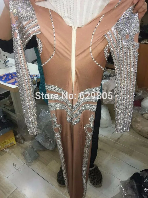 Сексуальные полностью Серебряные Кристаллы сверкающие Комбинезоны Боди для ночного клуба кристаллы комбидрессы телесного цвета наряд певицы танцевальная одежда