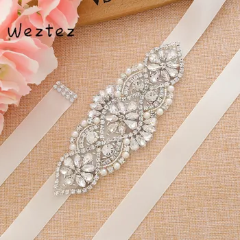

Crystal Pearls Bridal Belt Hand Beaded Wedding Belts Silver Rhinestones Bridal Sash For Dress Accessories SD107S