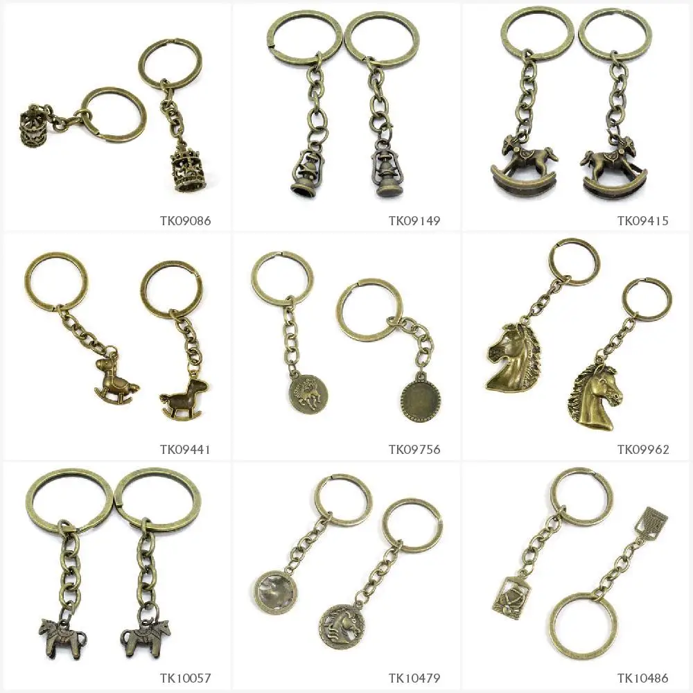

Metal Antique Bronze Keychain Keyring Keytag Key Chain Ring Merry-go-round Carousel Barn Lantern Rocking Horse Cabochon Frame