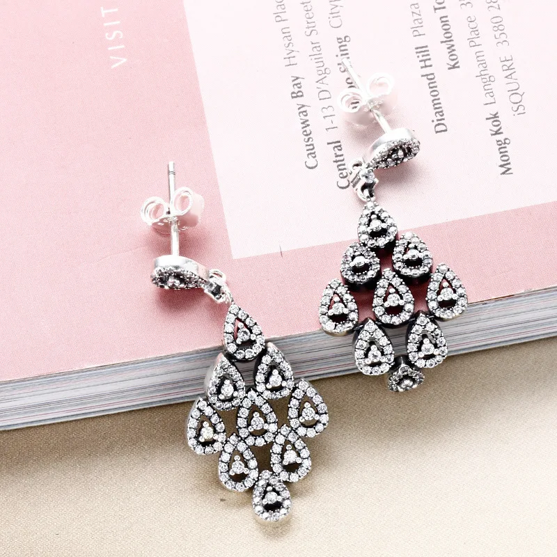 

New Store Authentic 925 Sterling Silver Water drops Clear CZ Drop Earrings Compatible with panqiou Jewelry For Women