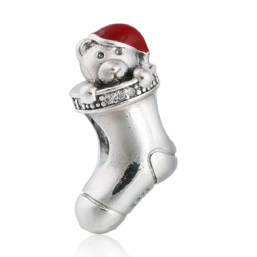 

Fit Brand Bracelet 925 Sterling Silver Christmas Stocking Charms Red Enamel Animal Bear Sock Charm Beads Diy Xmas Jewelry
