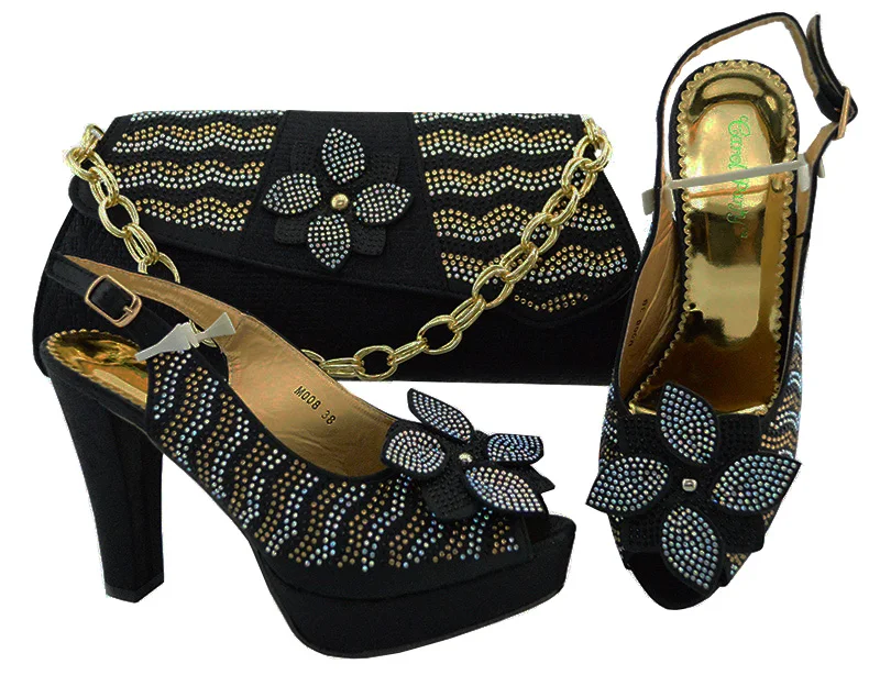 

2018 Black New Arrival Ladies Italian Shoes and Bag Set Decorated with Rhinestones Italian Shoe with Matching Bag for women M008