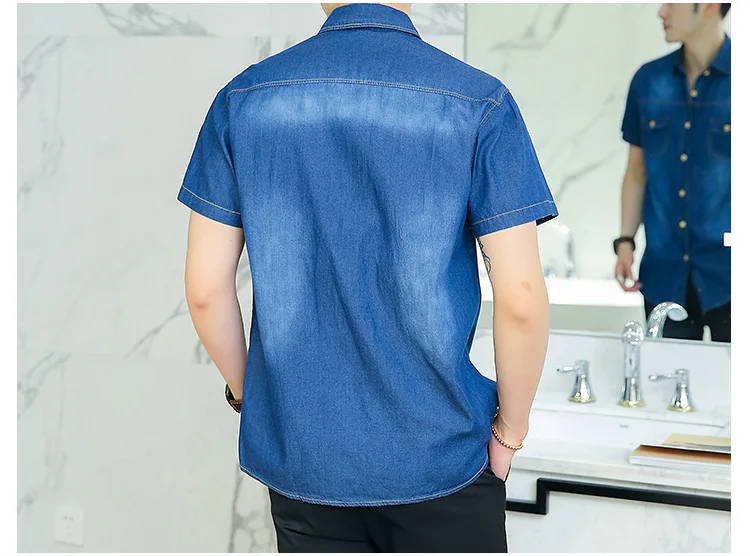 Мужские джинсовые рубашки Новая летняя Хлопковая мужская рубашка с коротким рукавом модная свободная Удобная дышащая синяя рубашка мужская одежда