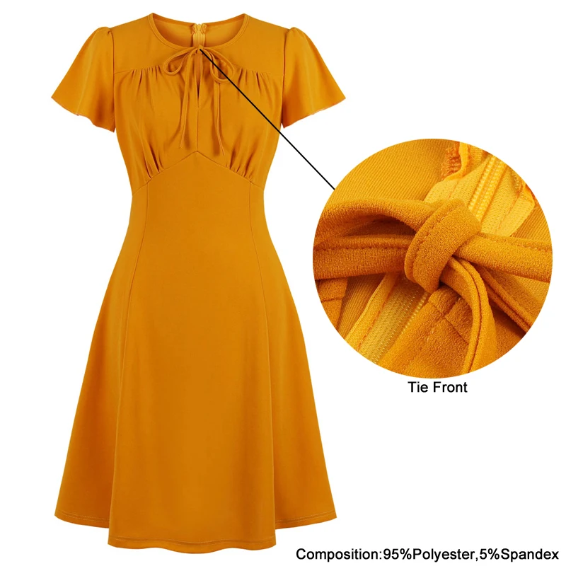 Tonval Vintage Bow Tie Neck High Waist Orange Women Dress Office Lady Elegant Fit and Flare Work Solid Dresses