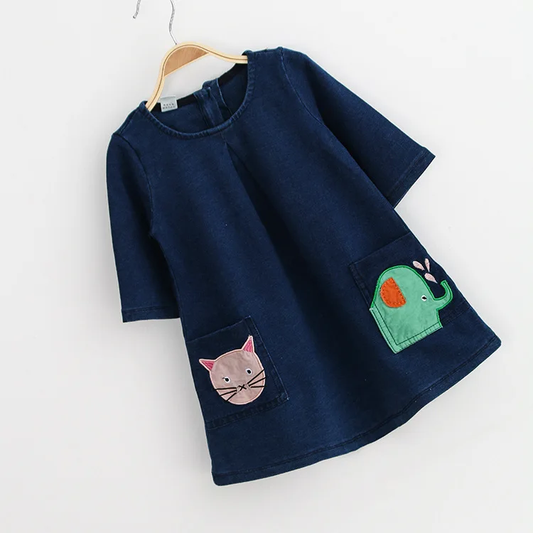 

2-7Y, New 2016 Autumn Girls Jeans Dress Applique Pockets Children Denim Dress Toddler Casual Dress Baby Dress Cat and Children