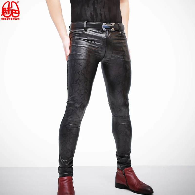

Plus Size Snake Printed Punk Elastic Tight JeansThin PU Faux Leather Pencil Pants Stage Pants Erotic Lingerie Gay Wear F109