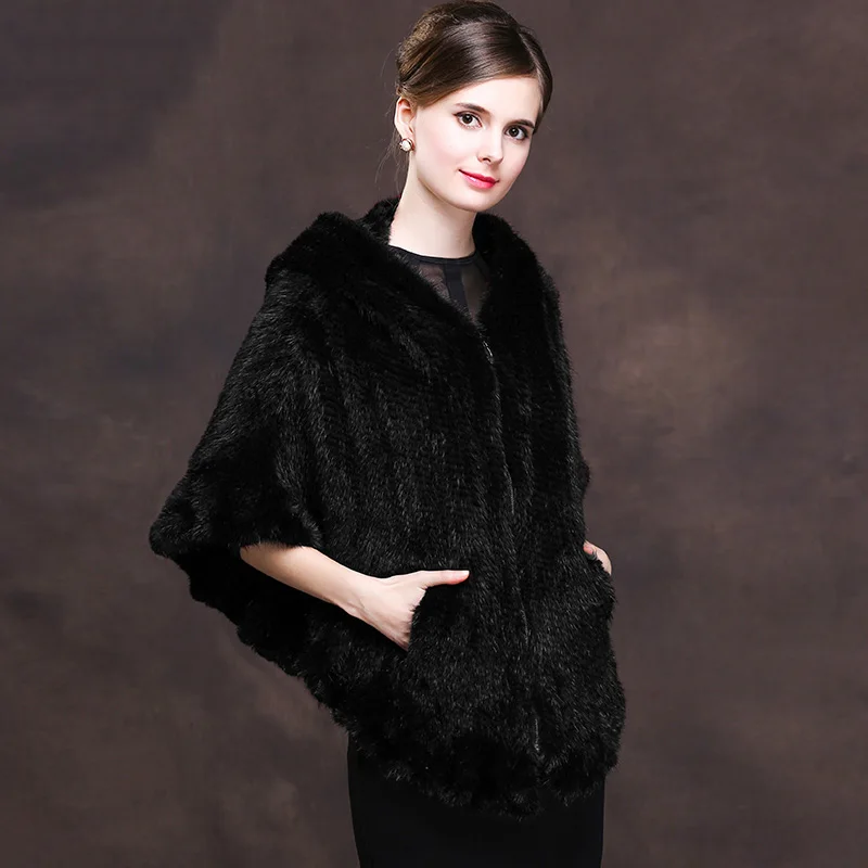 Hooded natural knit mink fur coats outerwear women real fur cloaks 2018 new style fashion zipper real mink fur jackets