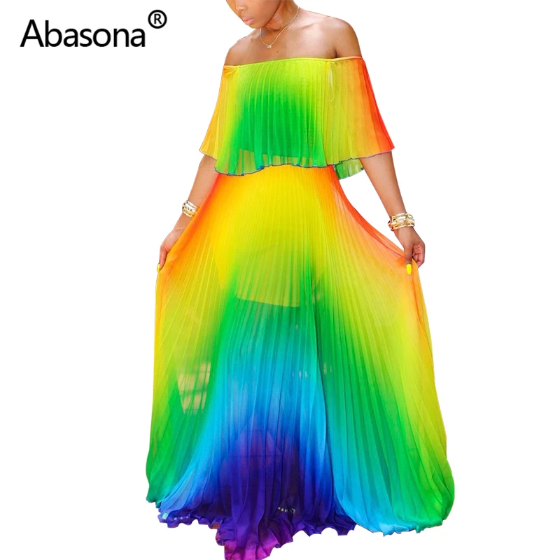 Abasona, без бретелек, с оборками, богемное, градиентный принт, шифоновое, длинное, макси платье, для женщин, Осень-зима, большой подол, элегантные, сексуальные платья для вечеринок - Цвет: Зеленый