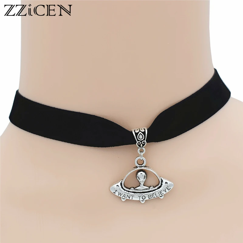 

New Fashion Gothic Antique Silver Alien Charms I want To UFO Spaceship Pendant Black Space Ship Choker Necklace Unique Gifts