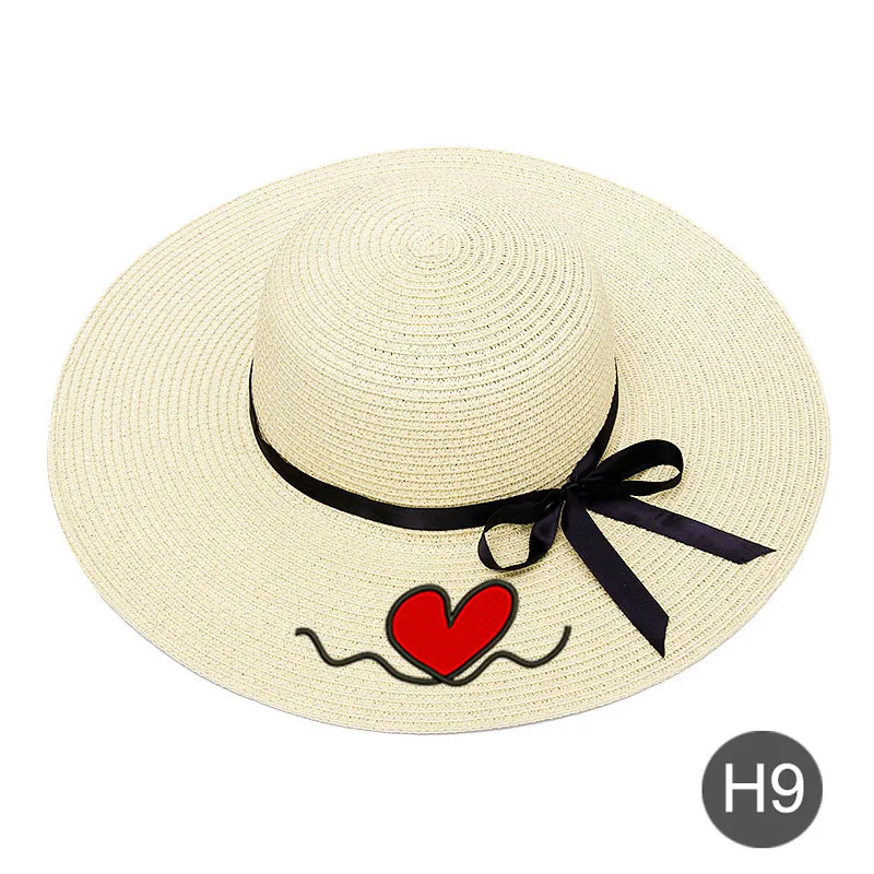 Вышивка индивидуальный заказ ваш логотип, название текст вышивка женская солнцезащитная Кепка большая соломенная шляпа с полями Открытый пляж шляпа летние шапки - Цвет: H9