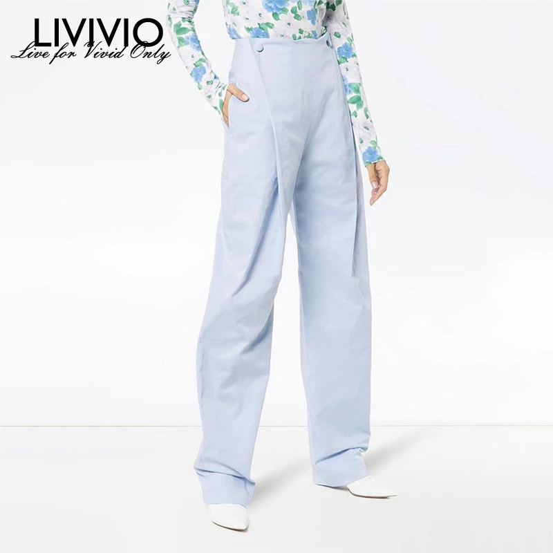 

[LIVIVIO] Summer Blue Trousers For Women High Waist Large Size Loose Straight Pants Female Fashion Elegant Clothing 2019 New