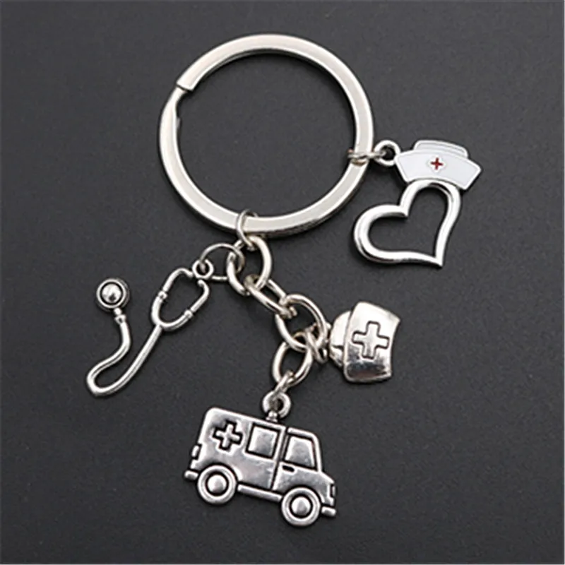 

1pc Antique silver emergency ambulance & medical box & stethoscope & nurse cap charm keychain DIY handmade metal key chain