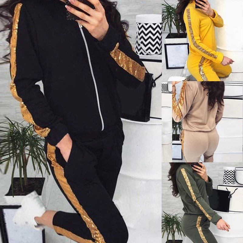 

Drop shipping OEAK Womens Glitter Sequin Pullover 2 Piece Outftis Long Sleeve Sweatshirt Hoodie + Bodycon Pants Set Tracksuit