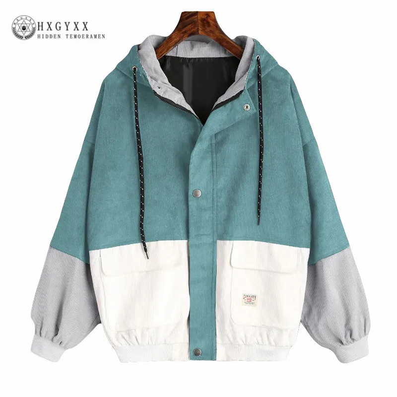 

Autumn Warm Color Block Hooded Corduroy Jacket Drawstring Hit Color Patched Pocket Thick Basic Women Coat Harajuku New Okd160