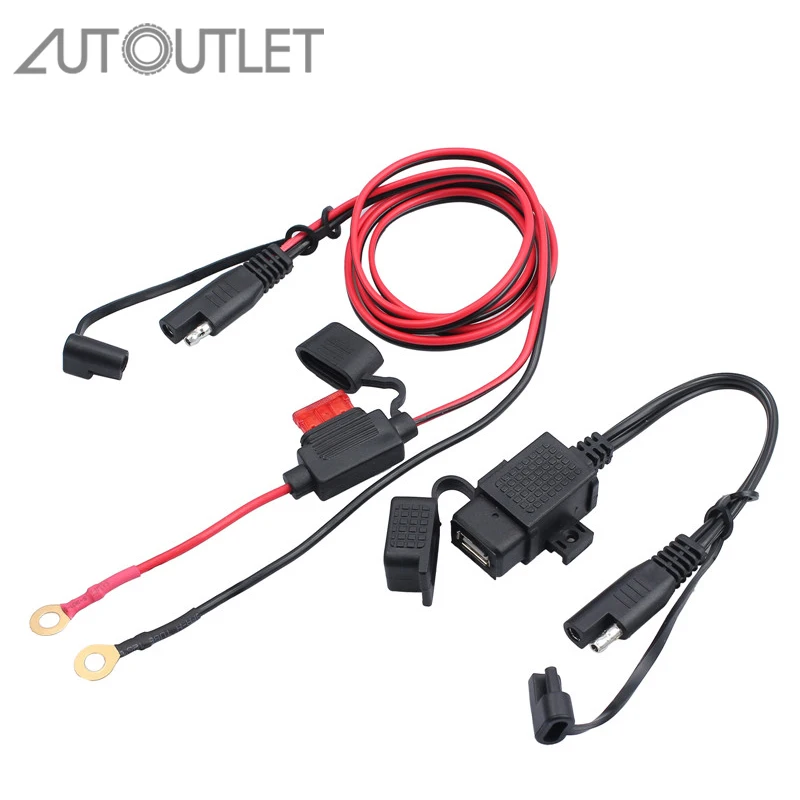 

AUTOUTLET 2.1A Waterproof Motorcycle 12V SAE to USB Interface Charger Cable Adapter Kit Inline Fuse Accessories For Phone GPS