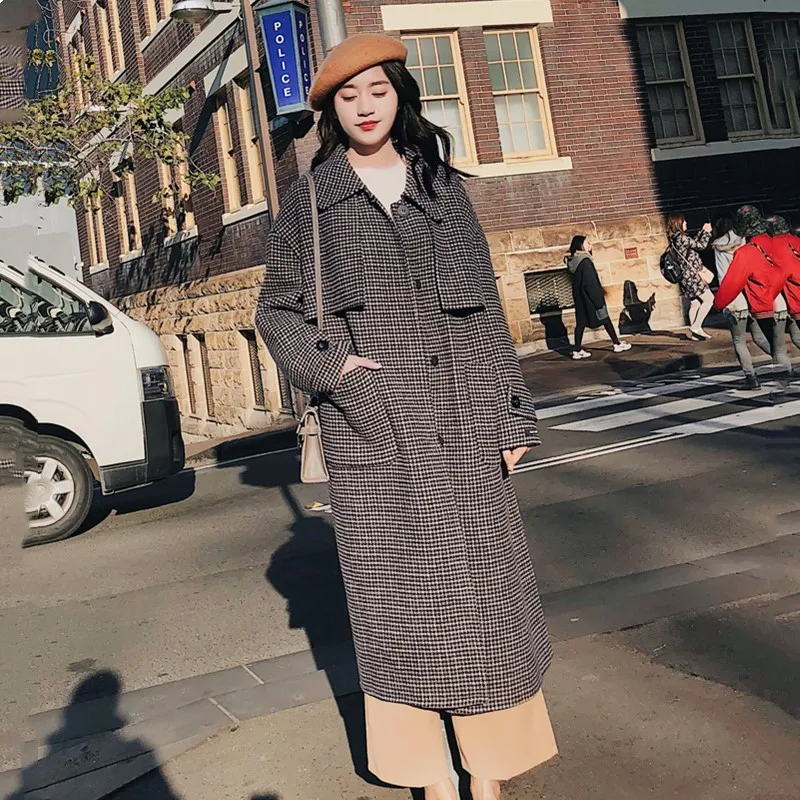 

2019 spring new long plaid woolen coat high quality fashion lapel jacket