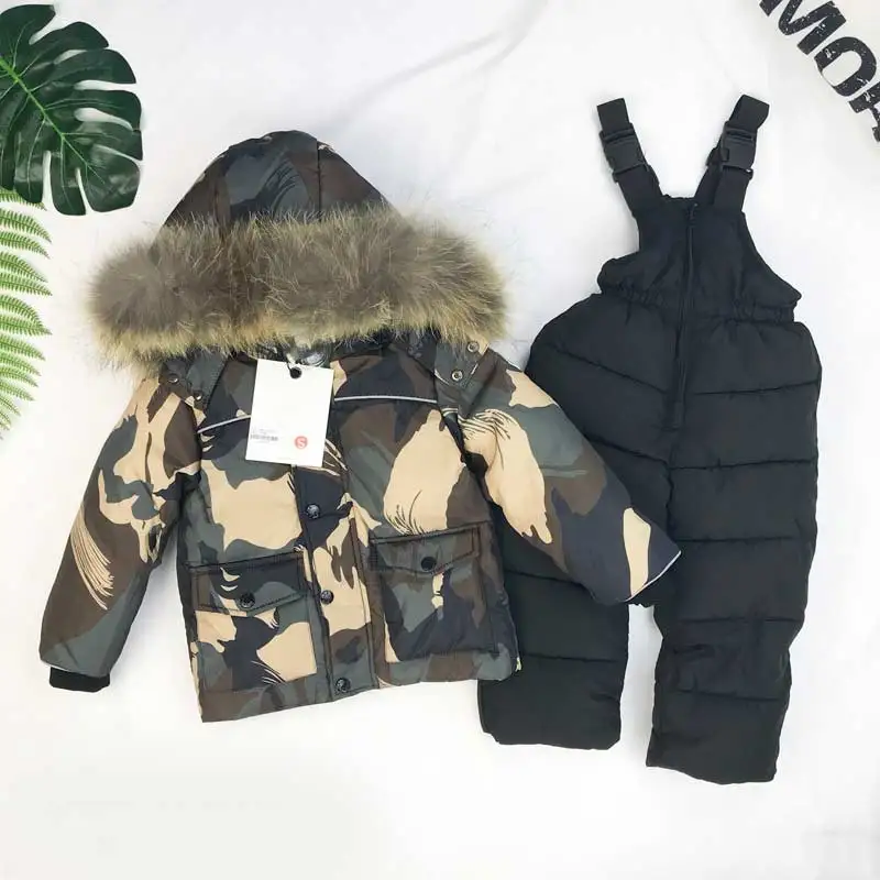 

Winter Children Clothes sets down Suit Camouflage jackets 90%White Duck Down Boys Girls hooded Thickening Jacket + Bib Pants
