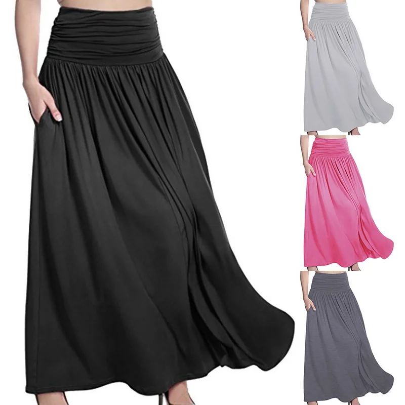 

2019 New Women High Waist Dress Spring Summer Autumn Pleated Solid Half Length Long Loose Dress Female Black Pink Skirt S-XXL
