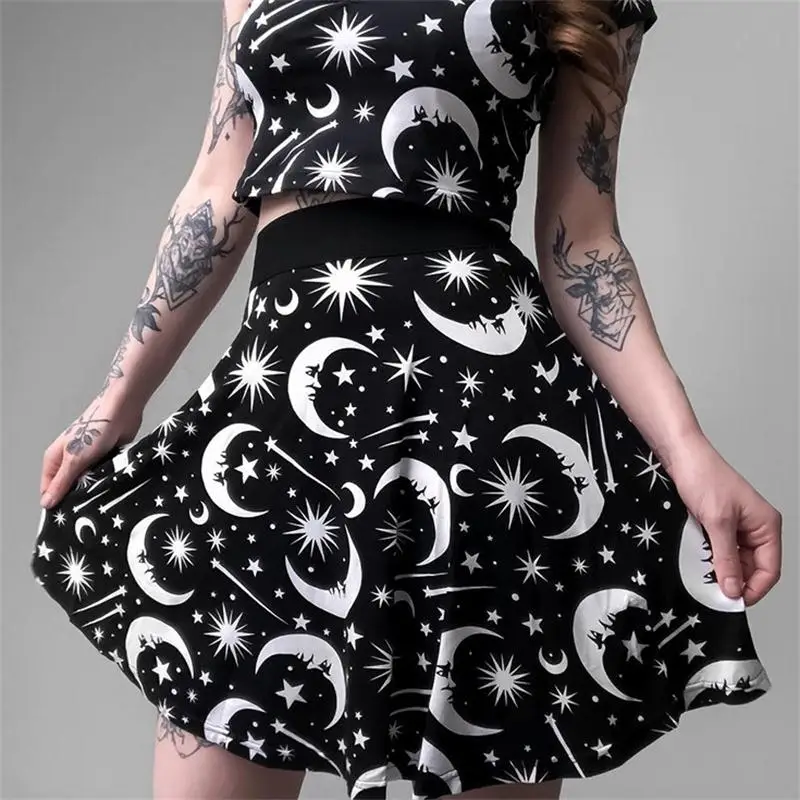 

Women Gothic Pleated Skirts High Waist Moon Star Print Sexy Mini Skirt Summer Female Goth Punk Street Fashion Party Casual Skirt