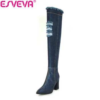 

ESVEVA 2020 Solid Women Over The Knee Boots Denim Pointed Toe Elegant Autumn Boots Square High Heels Zip Shoes Boots Size 34-43
