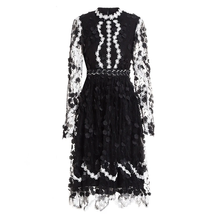 LD LINDA делла весеннее модное подиумное Платье женское с длинным рукавом черное Сетчатое с цветочной вышивкой винтажное платье vestido