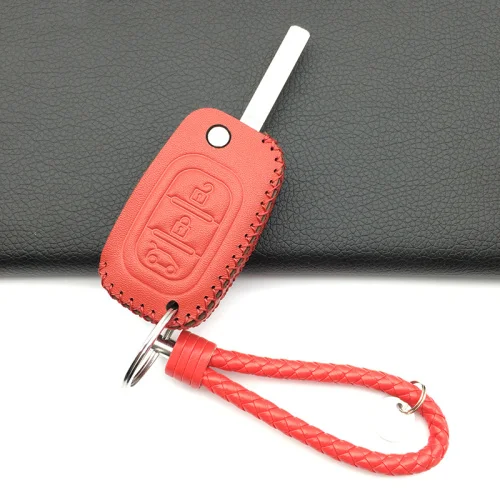 3 кнопки Автомобильный ключ кожаный чехол для ключей для Lada Sedan Largus Kalina Granta Vesta X-Ray XRay для Renault Dacia Key Shell - Название цвета: Red with keychain