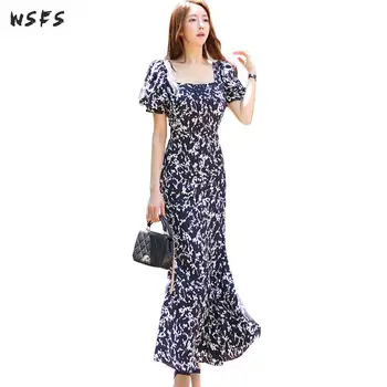 

Summer Long Dresses Square Collar Puff Sleeve Women Dress Becah Boho Ladies Casual Bandage Long Sexy Party Wrap Mermaid Dress