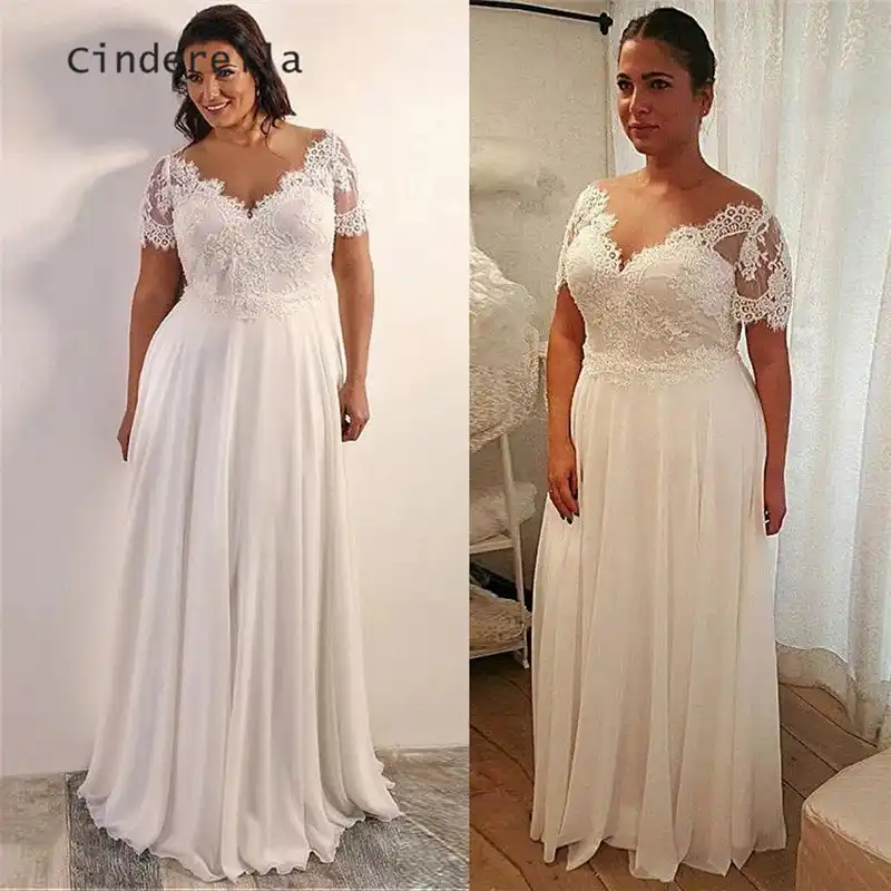 فساتين زفاف سندريلا مقاس كبير رقبة على شكل V نصف كم مزينة بالدانتيل من الشيفون مقاس كبير Wedding Dresses Aliexpress