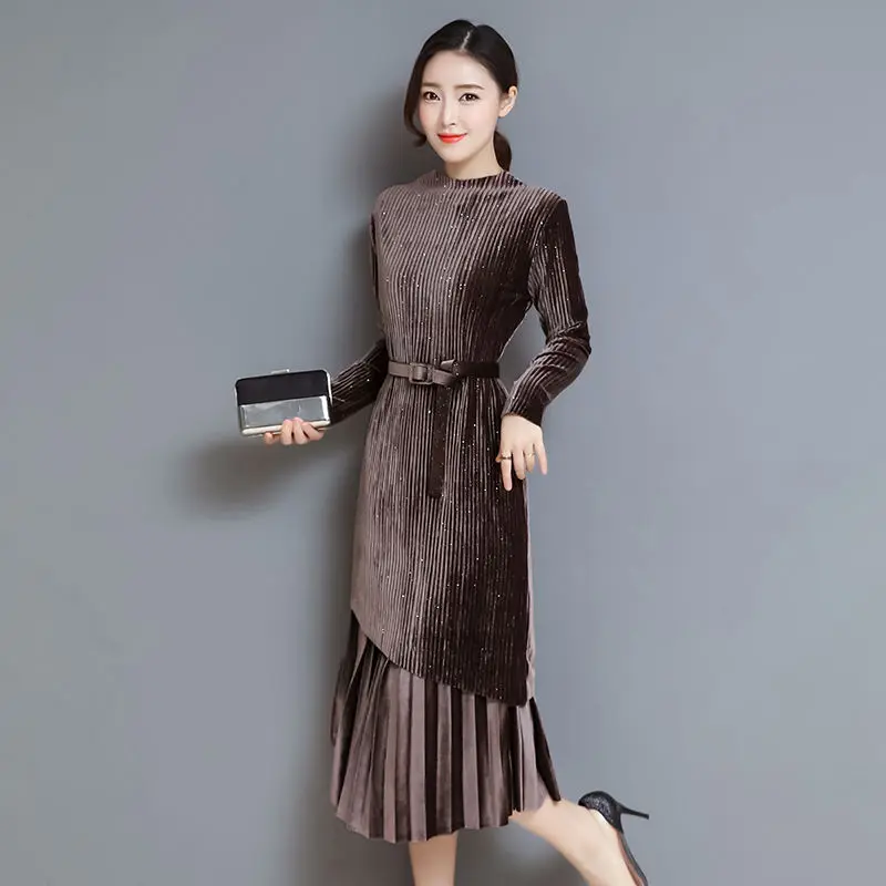 Fashion Autumn Winter Women Dress Elegant Sexy Pleate Female Dress Vintage Long Sleeve Velvet Two-piece suit Dresses vestidos