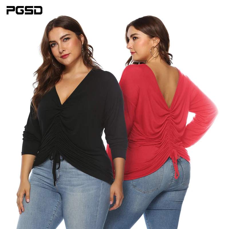 

PGSD 2018 Autumn Winter women's adjustable simple T-shirt casual v-neck solid color long-sleeved shirt female Plus Size 3XL