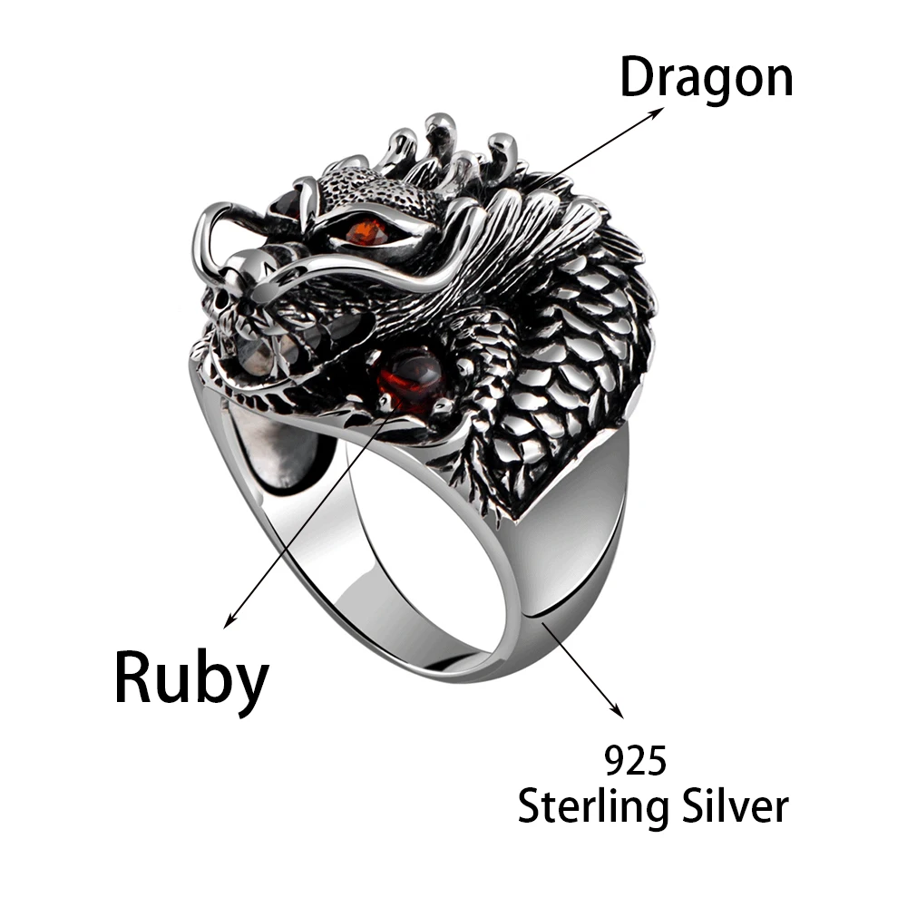 MetJakt, модное винтажное 925 пробы Серебряное властное кольцо с драконом, с рубином, панк, рок-кольца для мужчин, хорошее ювелирное изделие
