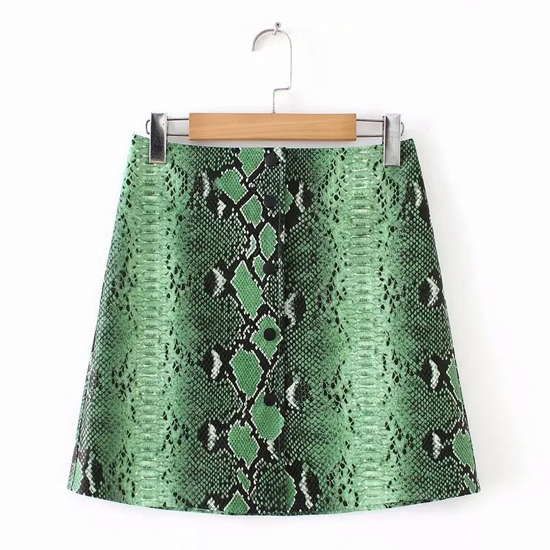 

Women Green Snake Print Pu Faux Leather Skirts Pencil Female Mini Skirt Plus Size Jupe Femme Faldas Mujer