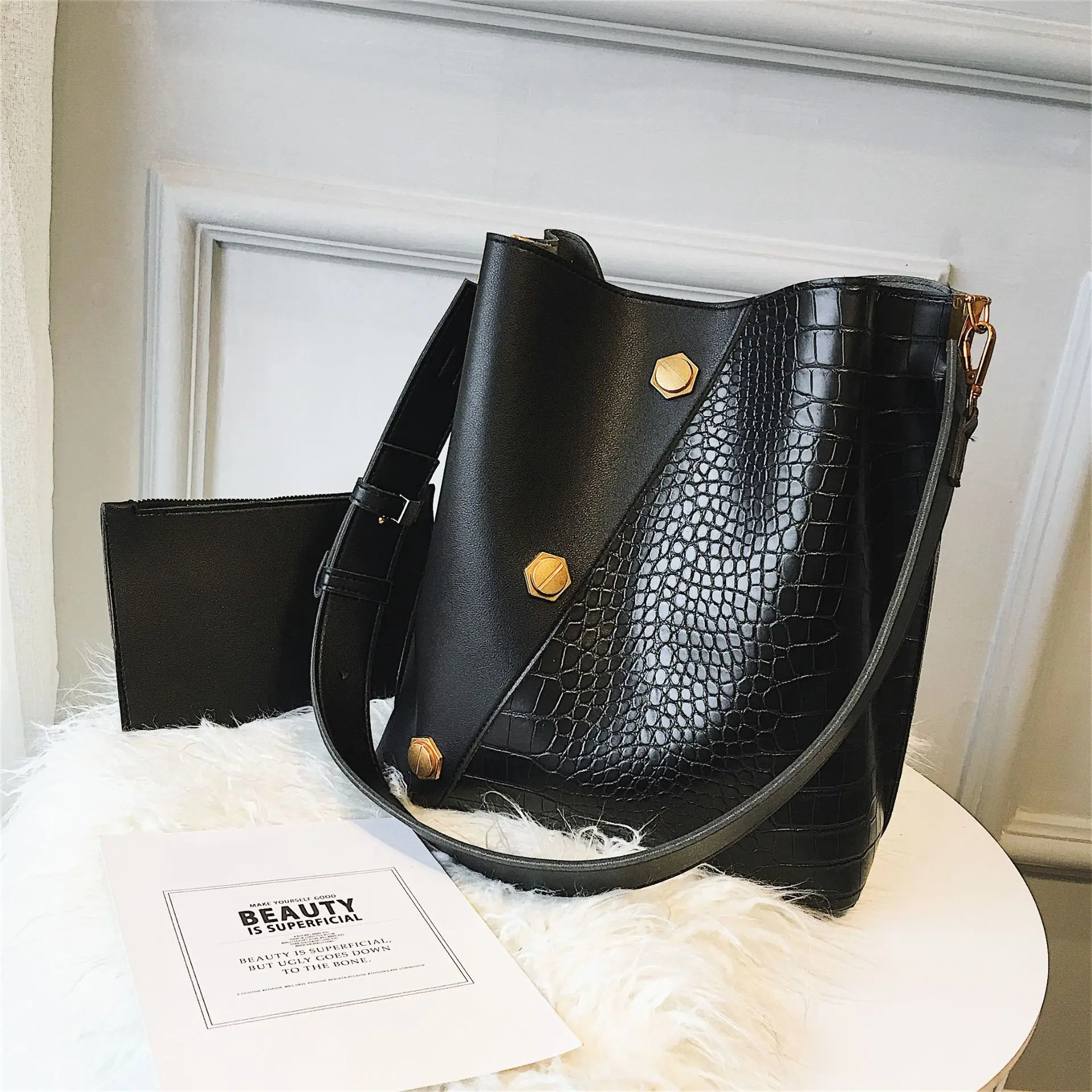 2 in 1 Wide Strap Bucket Bags Women Leather Handbags High Quality