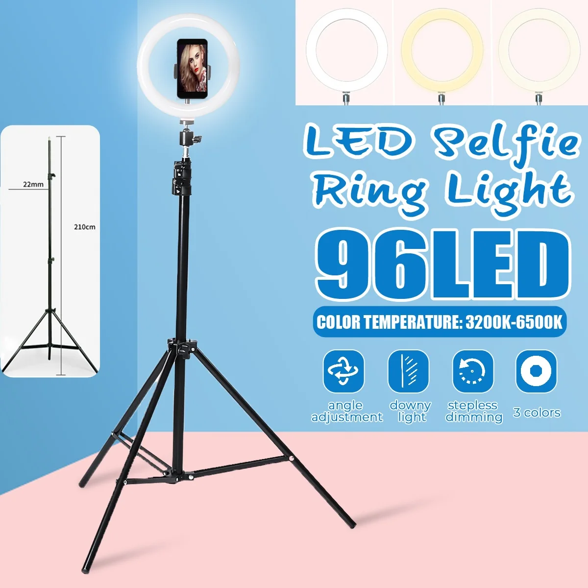 

96 LED Selfie Ring Light 3colors 6500K Studio Photography Photo Fill Ring Light with Tripod for iphone Smartphone Makeup
