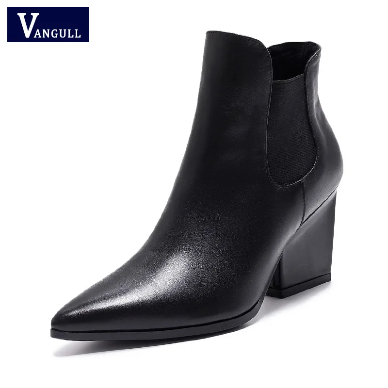 

Vangull woman boots style genuine leather ankle boots pointed toe thick heel chelsea boots calf leather women boots ladies shoe