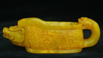 

7" Old Chinese Palace Shoushan Stone Pi xiu Beast Head Angle Of Cup Grail Statue