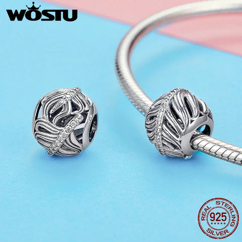 WOSTU Real 925 Sterling Silver Feathers Beads Zircon Charms Fit Bracelet Pendant Charms For Women Wedding Silver Jewelry FIC1065