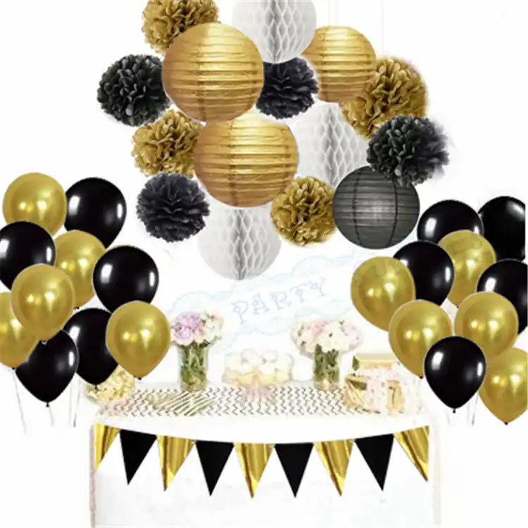 1 Set Mixed Black Gold Banner White Paper lantern Tissue