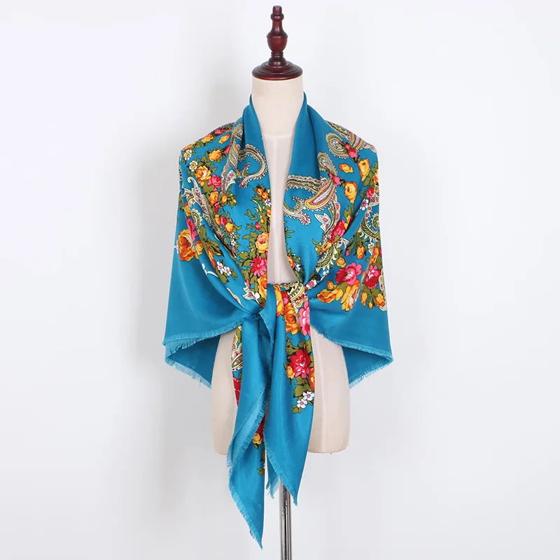 [FAITHINK] 140 см женский квадратный шарф для поездок, шаль, Женская традиционная дизайнерская накидка с цветочным рисунком, зимнее теплое пончо, хлопковый шарф