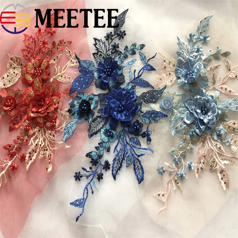 

1Pc 3D Flowers Sequins Bead Lace Applique Mesh Embroideried Rhinestone Lace Trims Fabric For Wedding Dress Decoration
