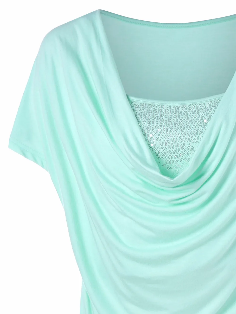 VESTLINDA Ruched Sequined Short Sleeve T-Shirt Women T Shirt Summer Casual Cowl Neck Solid Color Top Fashion Women Clothing Tees 5