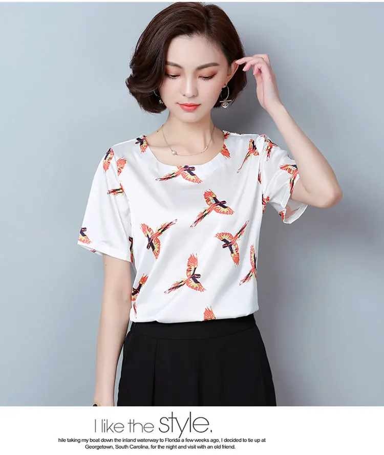 New Summer Tops Ladies 2018 Fashion Birds Print Blouses Women Short Sleeve Chiffon Blouse Shirt Casual Large Size Blusa Mujer Ete (2)